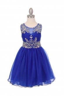 Royal Blue Sleeveless Tulle Junior Bridesmaid Dress with Exquisite Beading Design